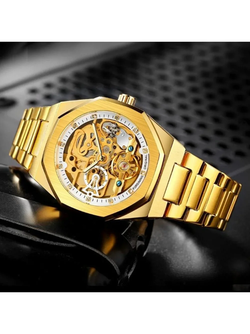 Men's Gold White Mechanical Automatic Male Clock Stainless Steel Skeleton Watch